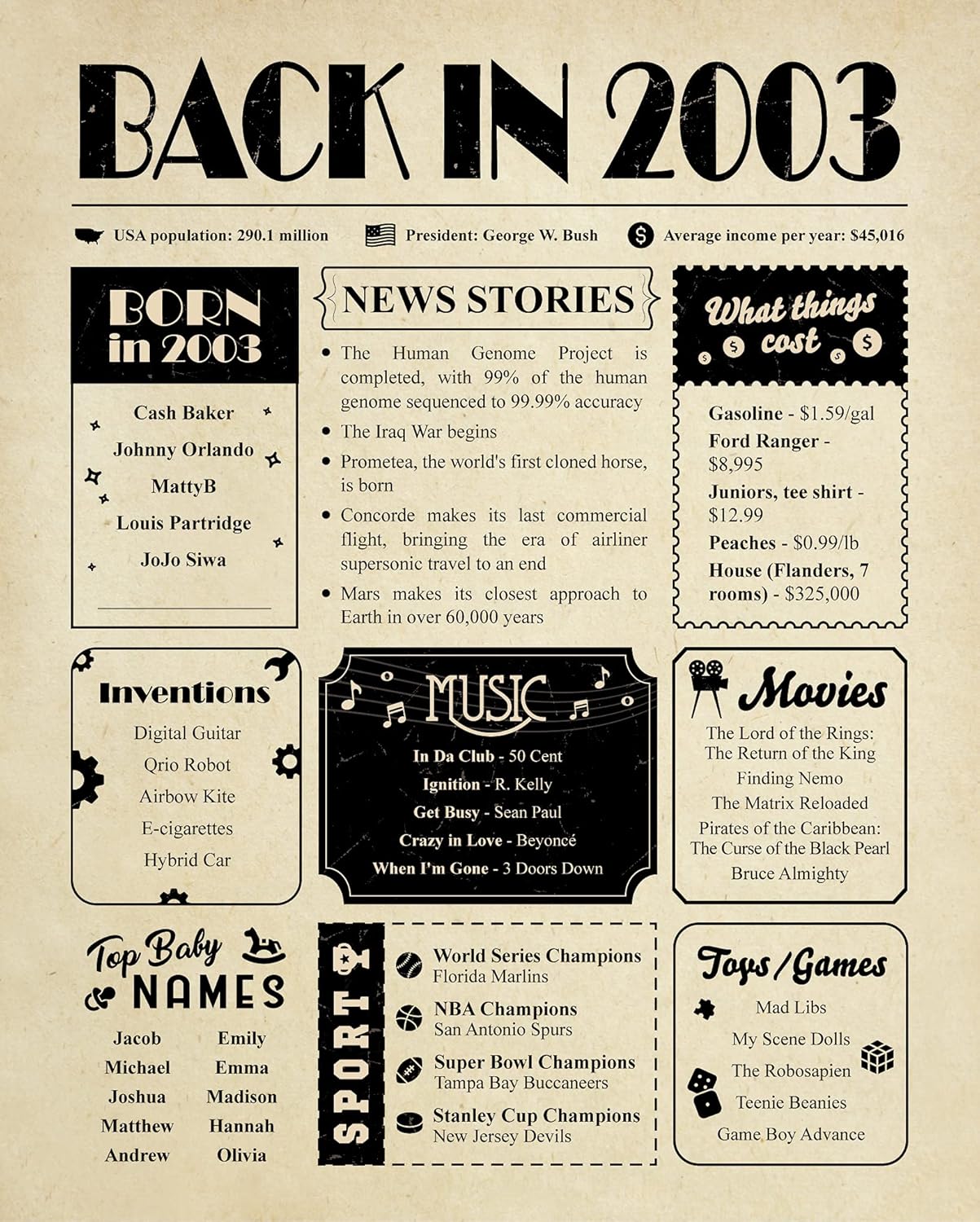 Posters & Prints - 20th Birthday Gift for Women or Men - 20th Birthday Decoration for Her or Him - Back in 2003 Large Birthday Card [8x10 Inch] - Table Centerpiece for 20 Years Old Birthday Party [Unframed Poster]