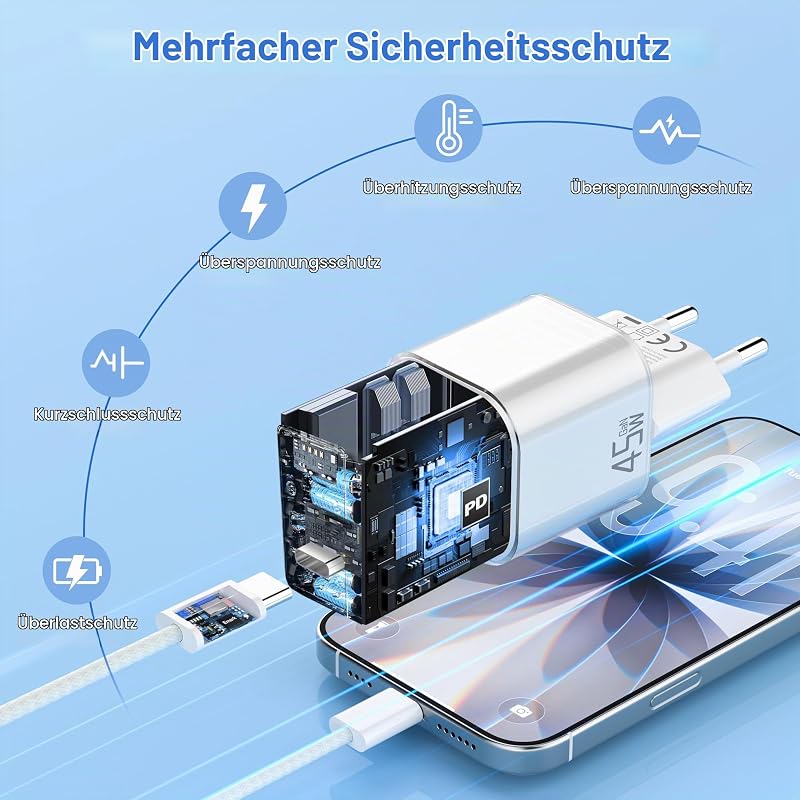 45W Ladegerät USB C Schnellladegerät：GAN PD 3.0 Stecker USB Type C Netzteil mit 1M 60W Typ C Kabel Fast Charger Schnellladen Power Adapter USBC Stecker Ladestecker Für Smartphone Tablets