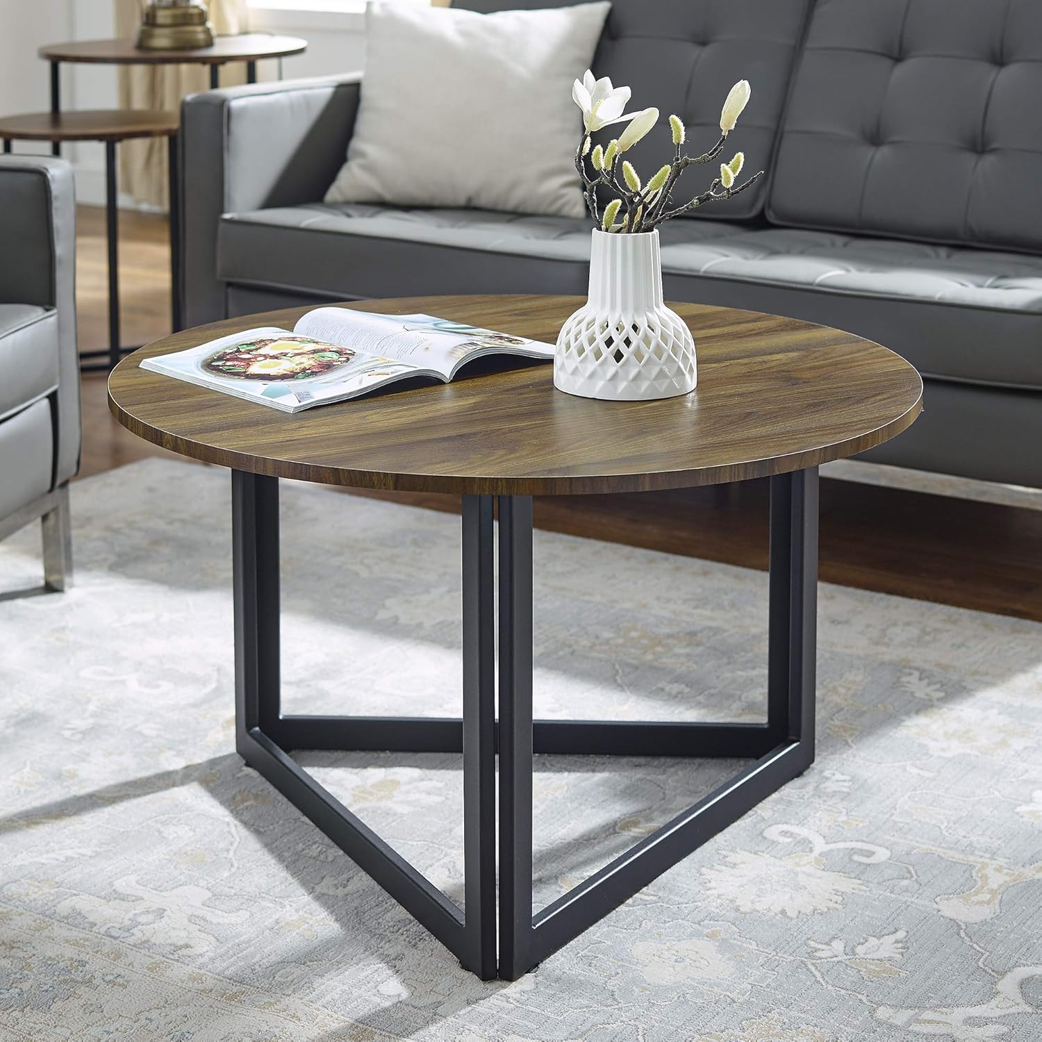 Walker Edison Modern Round Metal Base Coffee Table Living Room Accent Ottoman, 32 Inch, Walnut Brown