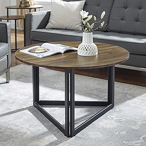 Walker Edison Modern Round Metal Base Coffee Table Living Room Accent Ottoman, 32 Inch, Walnut Brown