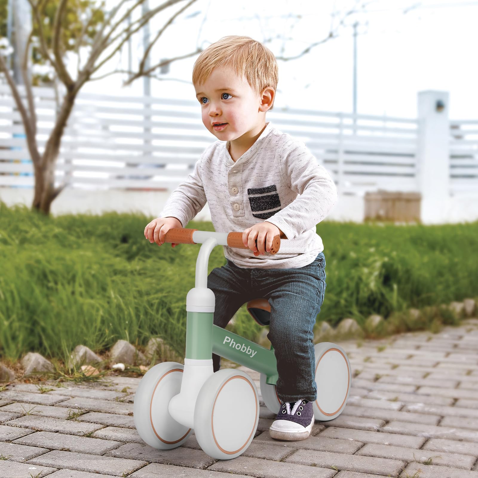 Phobby Baby Balance Bike for 1 2 Years Old Boys Girls, 4 Wheels Toddler Bike with Adjustable Seat, 12-24 Months Kids First Birthday Toy Gift