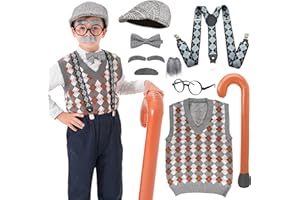 FAYBOX Old Man Costume for Kids Boys, 100 Days of School Halloween Grandpa Costume