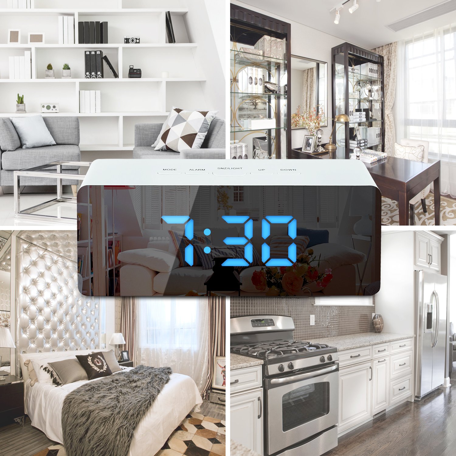 Shayson Digital Alarm Clock, LED Display Clock Best Makeup Bedroom Mirror Travel Alarm Office Bedroom Clock, Dual Alarm With Snooze, Dimmer Control, Support Battery Powered And With Usb Port-Blue