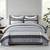 SahSahCasa Quilt Set King Size, 100% Cotton, King Comforter Set, Striped Quilted Bedspreads, Farmhouse King Bedding Set, Lightweight Bed Spread for All Season, Gray/Beige, 3pcs