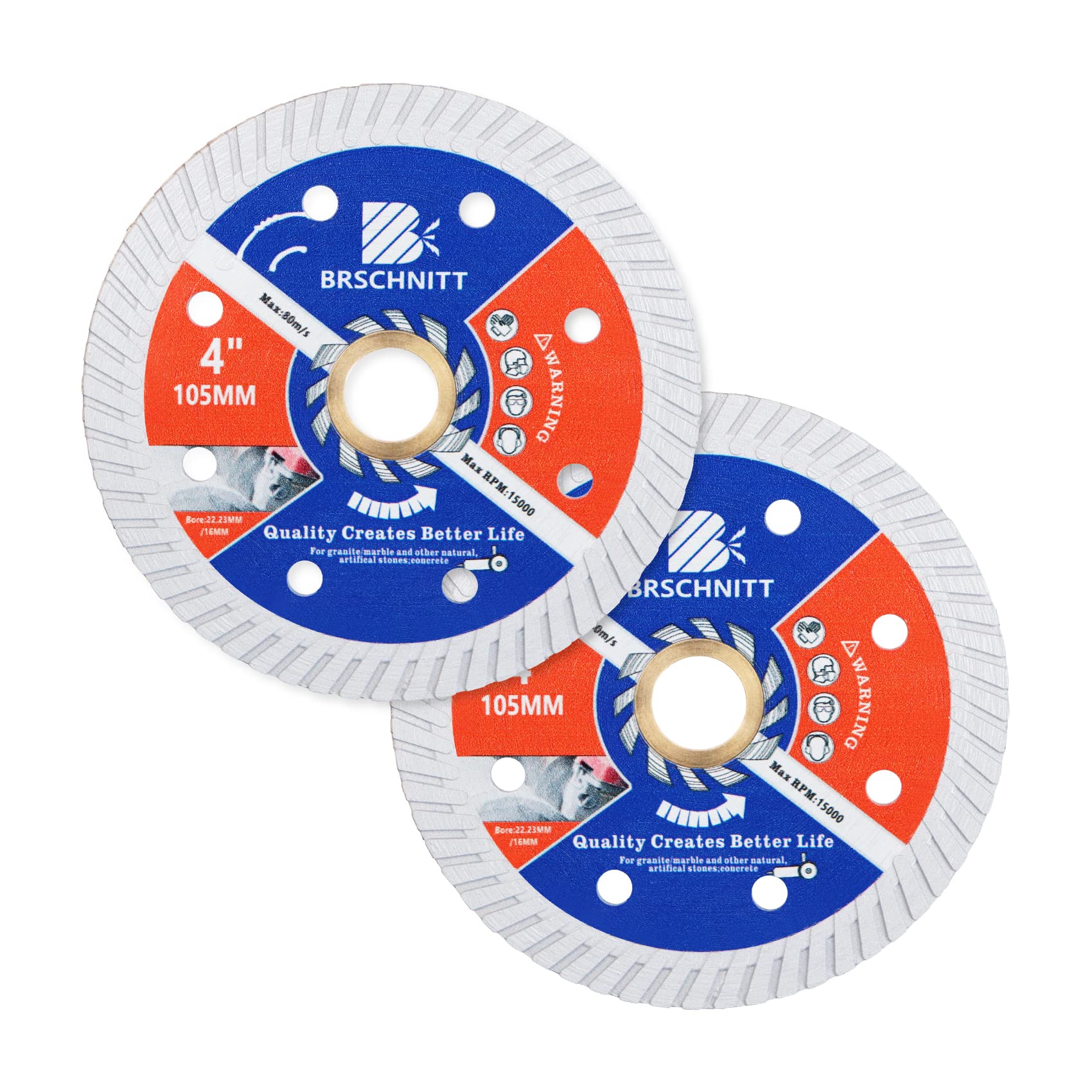 BRSCHNITT Diamond Disc for Concrete Masonry,2pcs 105mm with Arbor 22.23mm-16mm Dry/Wet Continuous Rim Diamond Cutting Disc for Granite Marble Stone Hard Concrete Reinforced Concrete