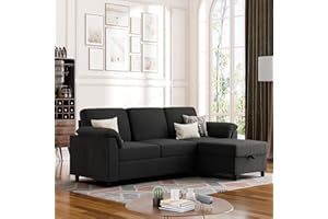Vongrasig Convertible Sectional Couches, 3 Seat L Shaped Couch Sofa with Removable Pillows Soft Corduroy Fabric Small Couch Mid Century for Living Room, Apartment and Office Black