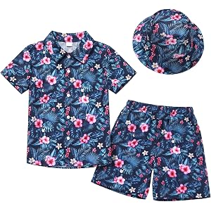 EFOWAY Boys Hawaiian Outfit 3Pcs Kids Summer Beach Clothes Shirt Shorts Hat