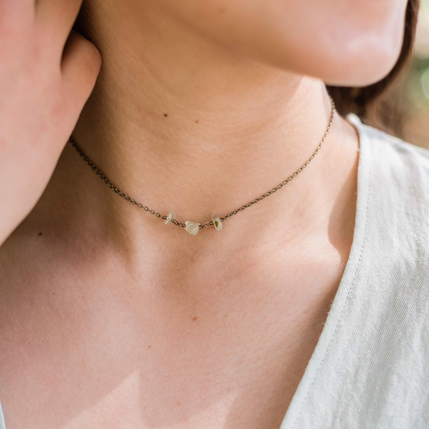 Prehnite beaded chain choker necklace in bronze 12" chain