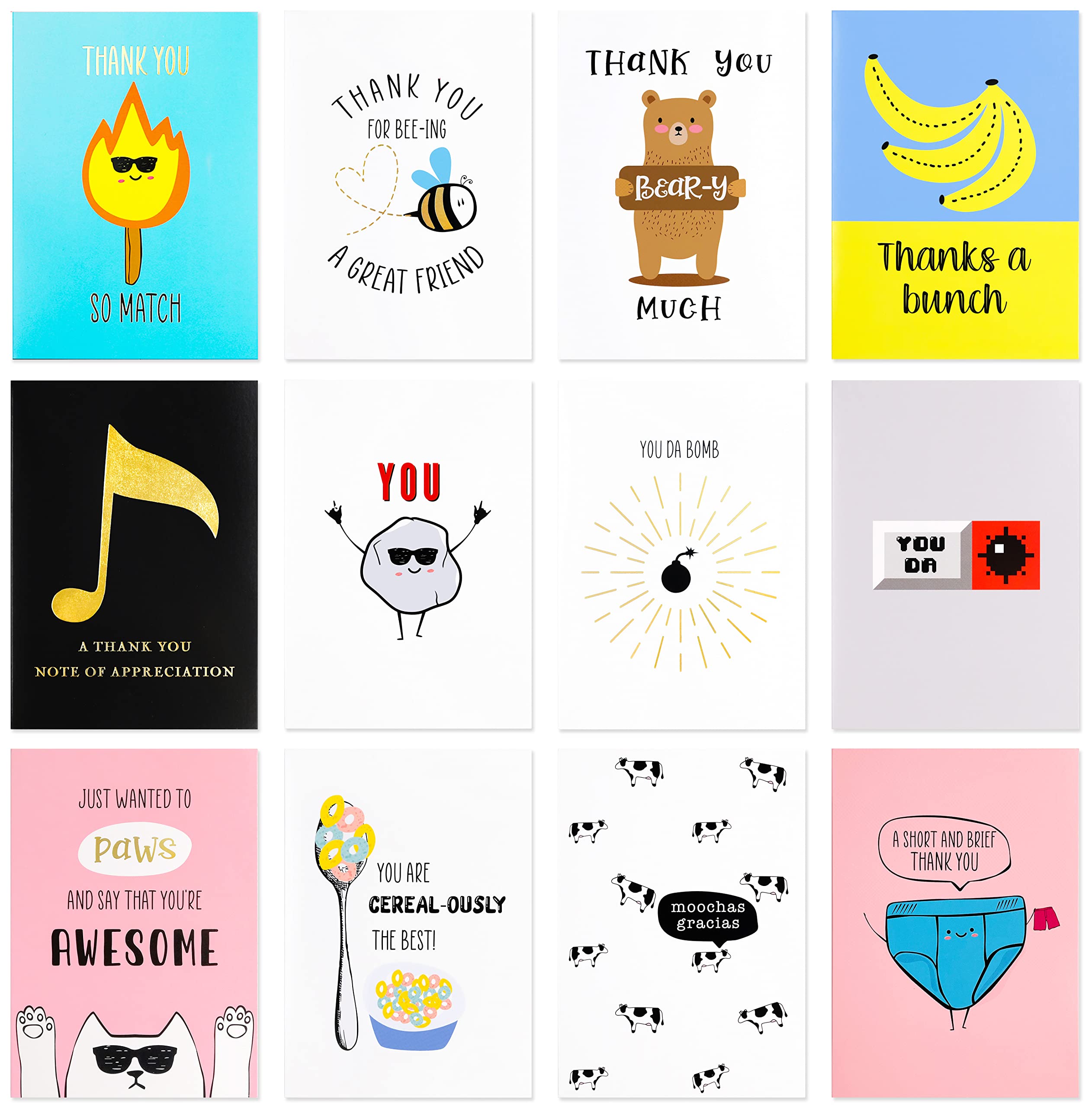 Photo 1 of ?12 Pack?Large Funny Thank You Cards – Big Size 5 x 7 Inch – Appreciation Cards and Pun Cards Printed on Premium Thick 350 GSM Paper – 12 Unique Eye Catching Designs in Funny Themes – Funny Greeting