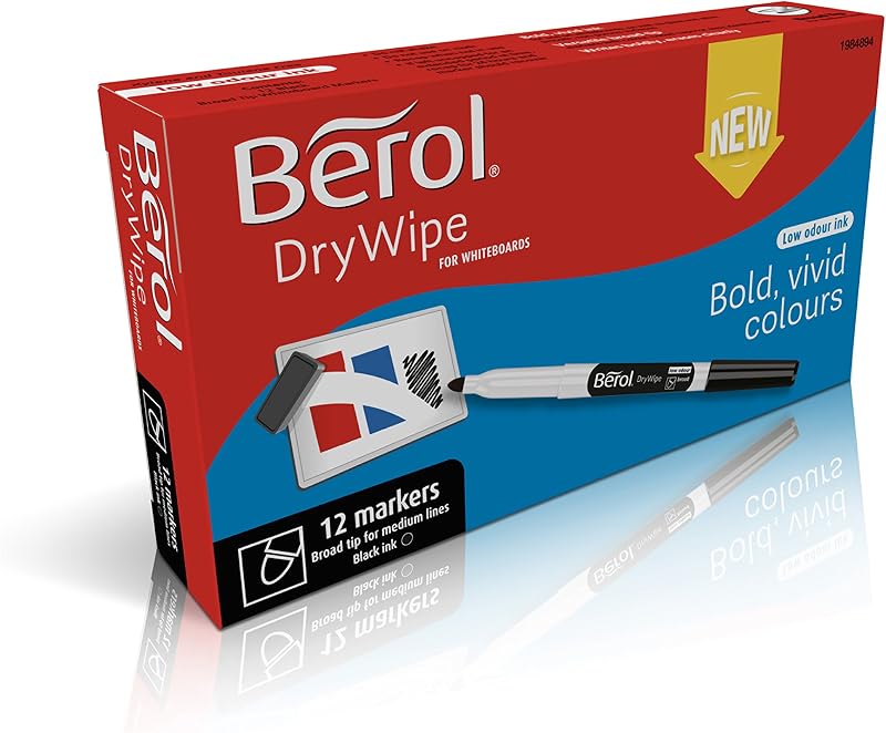 Berol Dry Wipe Whiteboard Markers Broad Tip Black 12 Pens