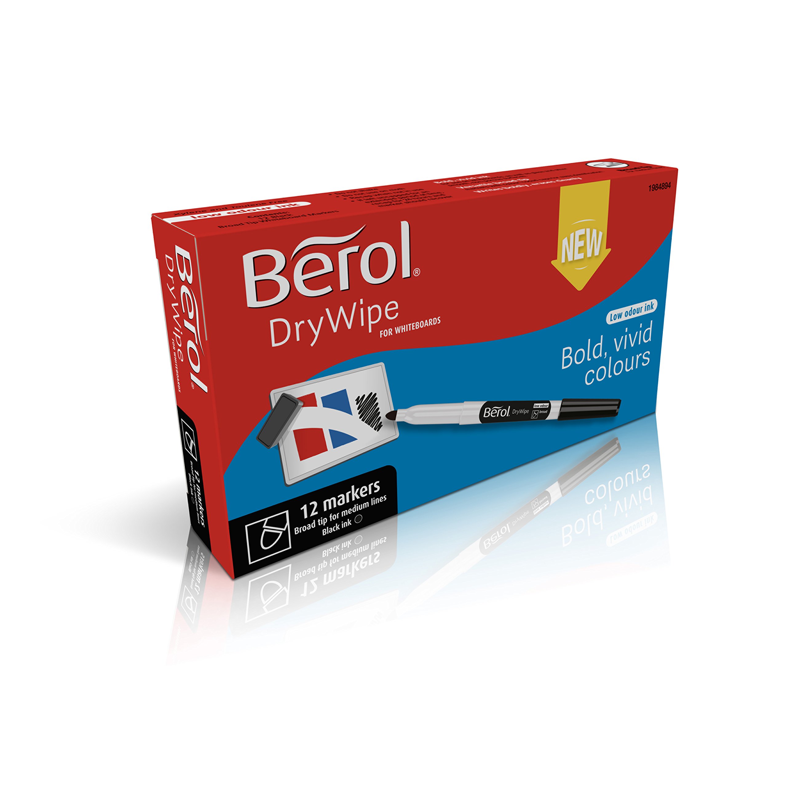 Berol Dry Wipe Whiteboard Marker Pens | Broad Tip | Black Low-Odour Ink | 12 Dry Erase Markers