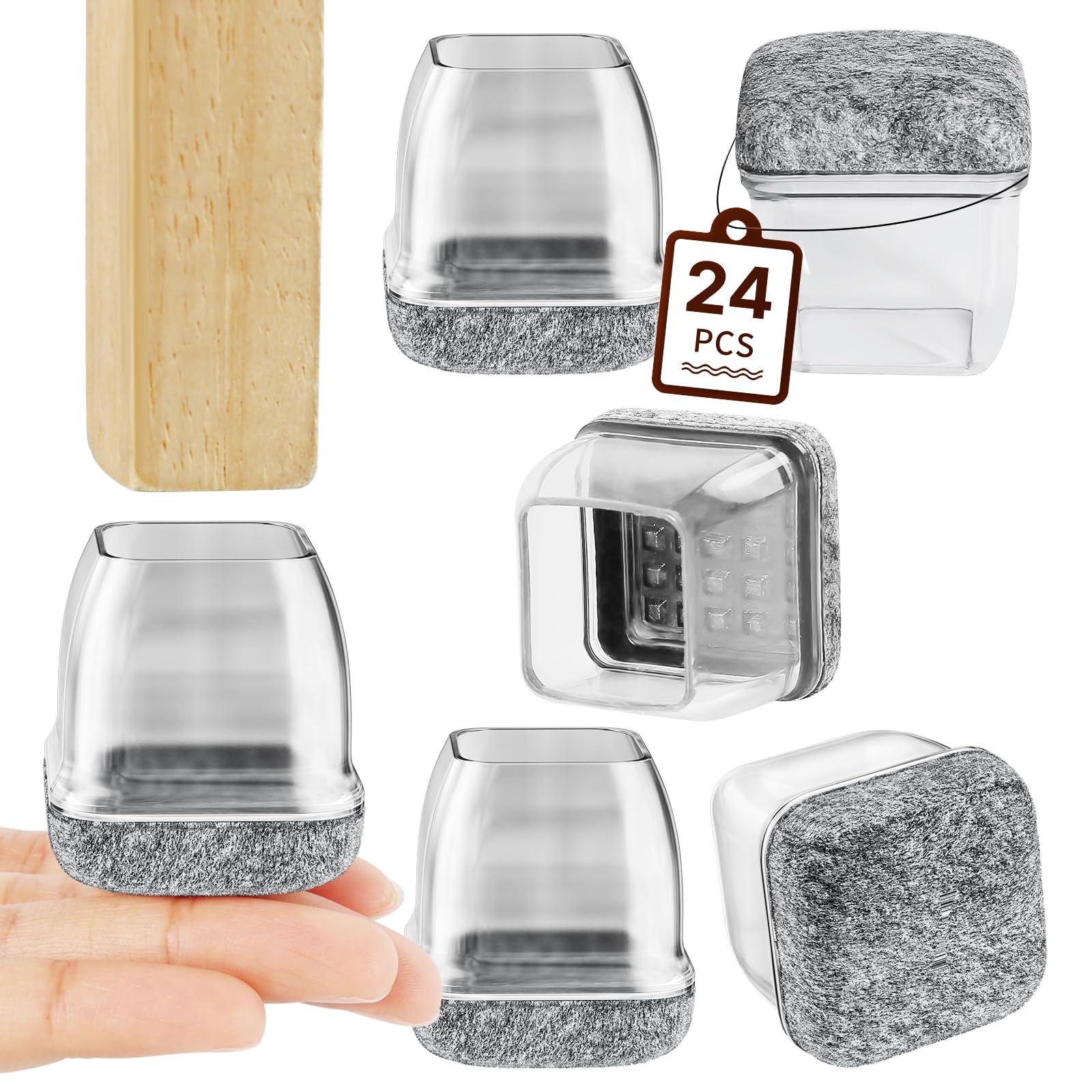 RCHYFEED 24Pcs Silicone Chair Leg Floor Protectors 19-28mm, Transparent Furniture Leg Caps Cups with Grey Felt Pads for Protecting Hardwood Floors from Scratches, Furniture Sliders Table Leg Cover