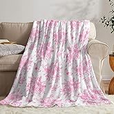 Pink and White Floral Throw Blanket, Fuzzy Soft Cozy Flannel Blanket for Home Bed Sofa Couch Chair, Decorative 50 x 60 Inch Blanket