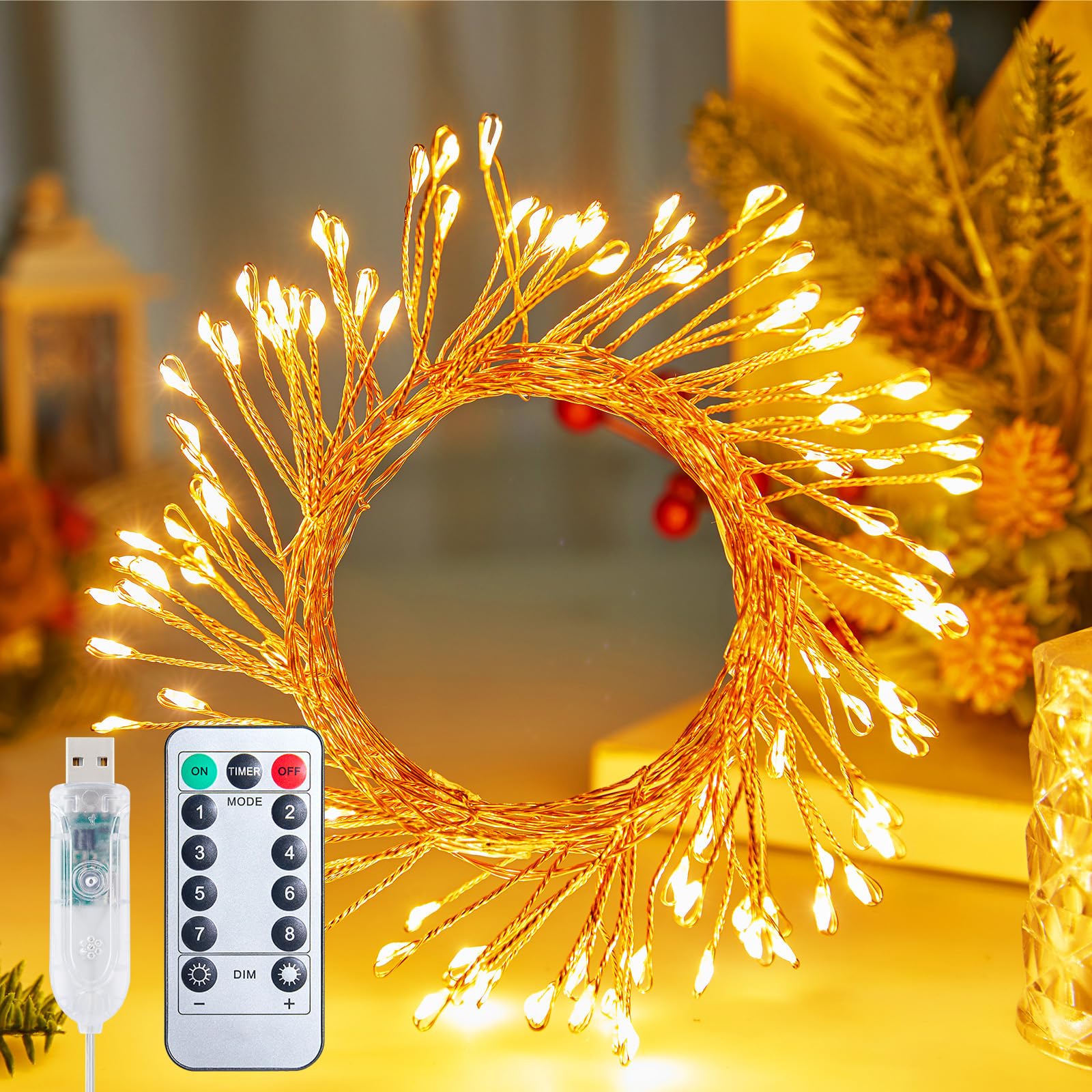 Photo 1 of Minetom LED Firecracker Cluster Lights - 10FT 120LED Plug in Twinkle String Lights with Remote, USB Powered Silver Wire Light for Bedroom Wreath DIY Party Wedding Christmas Holiday Decoration