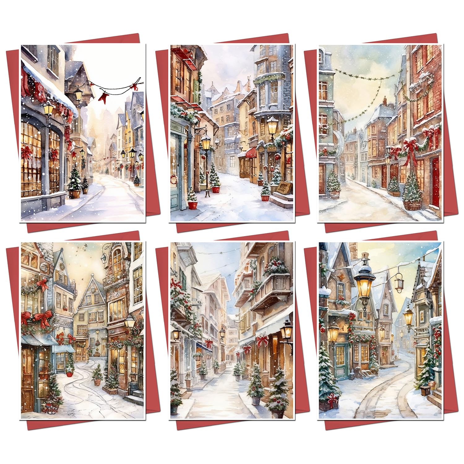 Christmas Cards Boxed | 30 Pack Xmas Cards Multipack | 6 Unique Traditional Vintage Winter Street Scene Designs Retro Festive Seasons Greetings For Friends Family