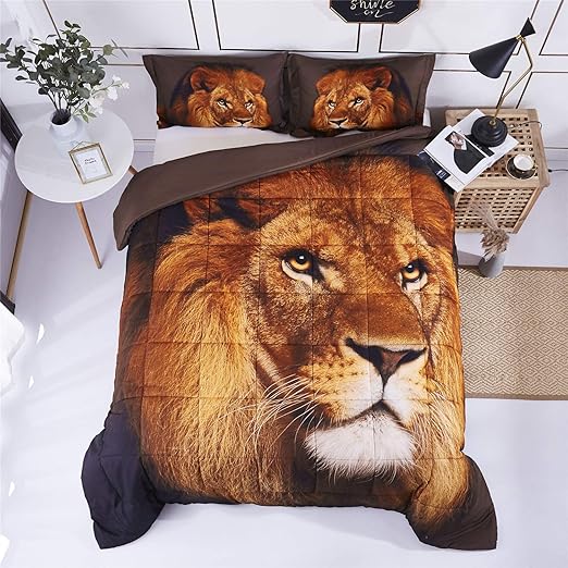 HIG 3D Bedding Set 3 Piece Queen Size Lion Head Animal
