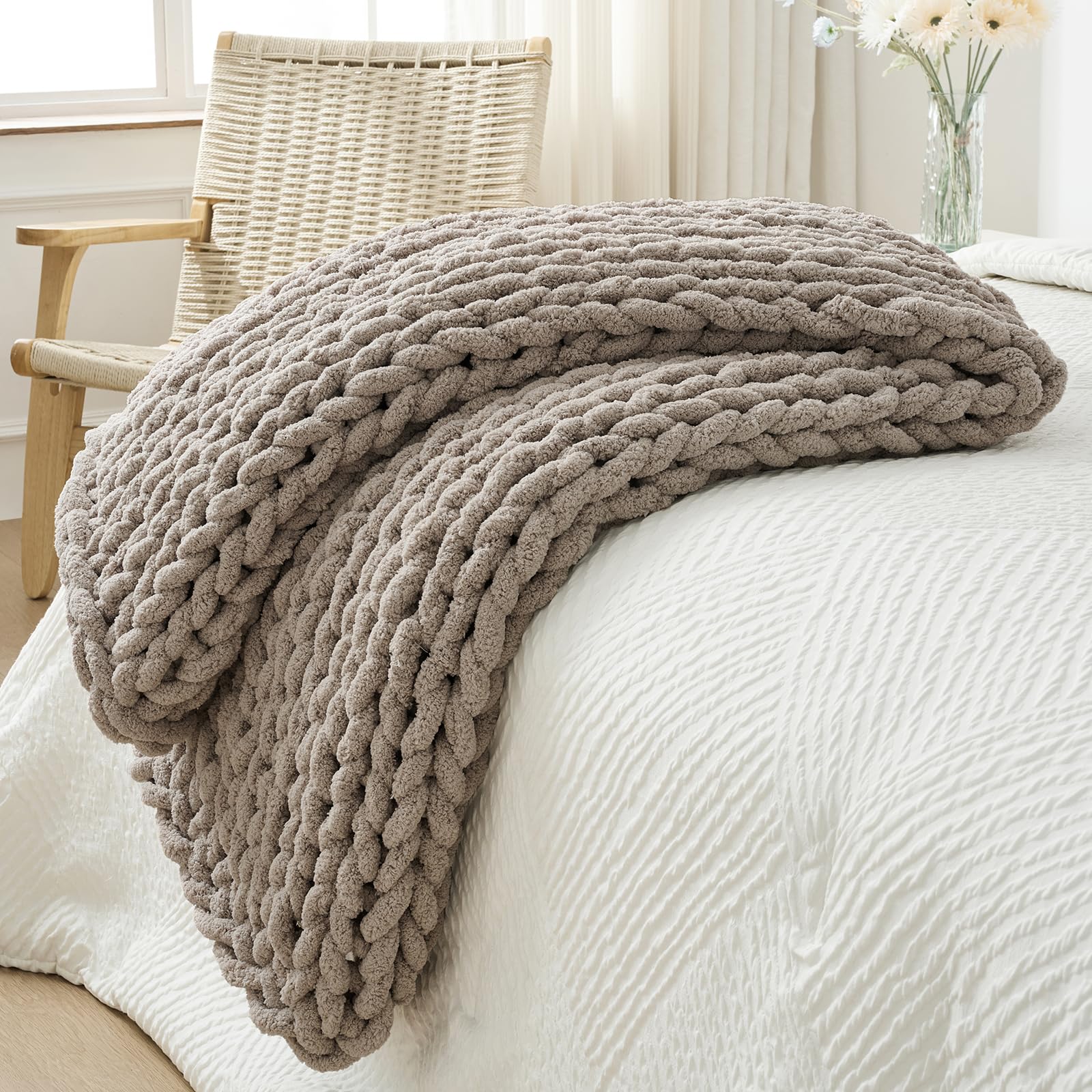 Photo 1 of Bigacogo Chunky Knit Throw Blanket for Couch, 40x60 inches, 100% Hand Knitted with Thick Jumbo Chenille Yarn, Cozy Soft Large Rope Knot Cable Crochet Blankets for Sofa Bed Living Room, Taupe