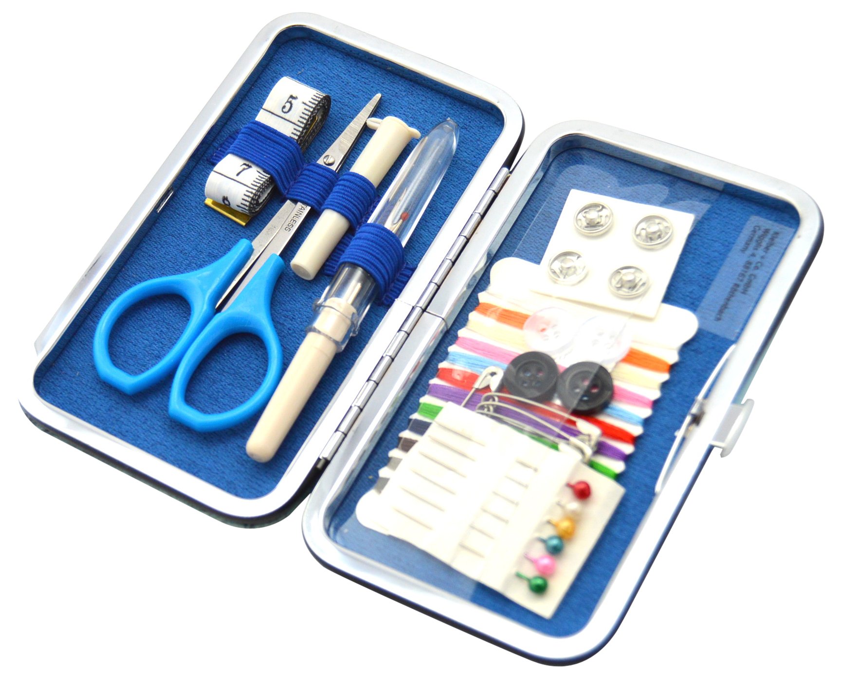 Kleiber Pocket Sized Hard Case Travel Sewing Kit including Scissors/Thread/Spare Buttons/Unpicker/Tape Measure and Fasteners, Blue/White,12 cm x 7 cm x 1,5 cm