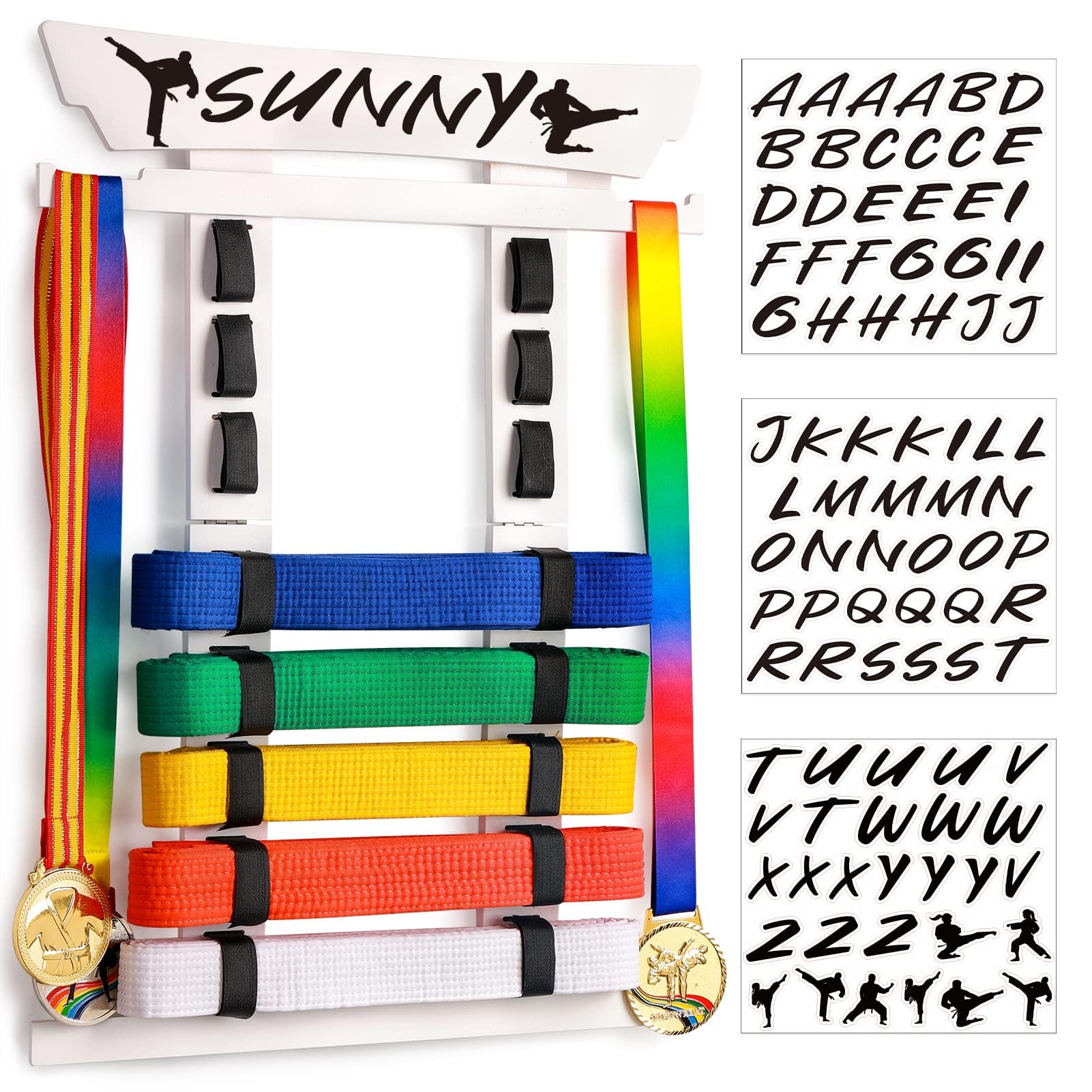 Tilhumt 8 Belt Karate Belt Display Rack with Medal Hanger and Stickers, Taekwondo Belt Display Holder, Martial Arts Belt Display Organizer for Adults, No Assembly Required (Bamboo/Acrylic)