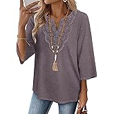 WIHOLL 3/4 Length Sleeve Womens Tops Boho V Neck Lace Shirt Trendy Blouses Dressy Casual Vacation Clothes S-3XL