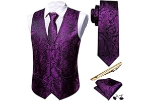 Barry.Wang Men's Suit Vest Formal/Leisure Paisley Jacquard Silk Tie Pocket Square Waistcoat Set Wedding 5PCS