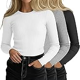 YooAurvox 3 Pack Girls' Long Sleeve Shirts Ribbed Knit Slim Fitted Kid's Tops Crew Neck Casual Tees Tight Basic Undershirts