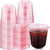 50 Sets Disposable Stemless Glasses With Strawless Sip Lids,PET Drinking Cups,Clear Plastic Coffee Cups for Iced Coffee, Smoothie, Cold Beverage, Drink Shop and Christmas Party Supply (Pink, 12 oz)
