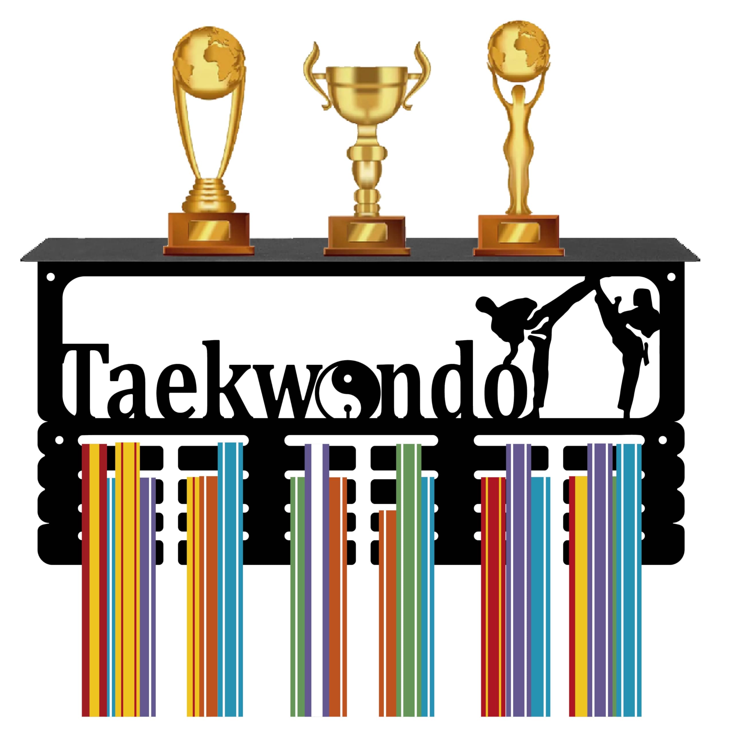 CREATCABIN Taekwondo Medal Holder Trophy Shelf Medal Hanger Display with Shelf Stand Sports 4 Rows Wall Mount Hold 70+ Medals for Men Gymnastics Soccer Running Swimming Awards Rack 15.7 x 7.9 Inch