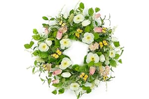 Furisin 20" Wreath Light Pink Tulips and White Poppies with Dotted Hydrangeas Wreath for Indoor and Outdoor Wall Festivals Family Farmhouse Wedding Decor.