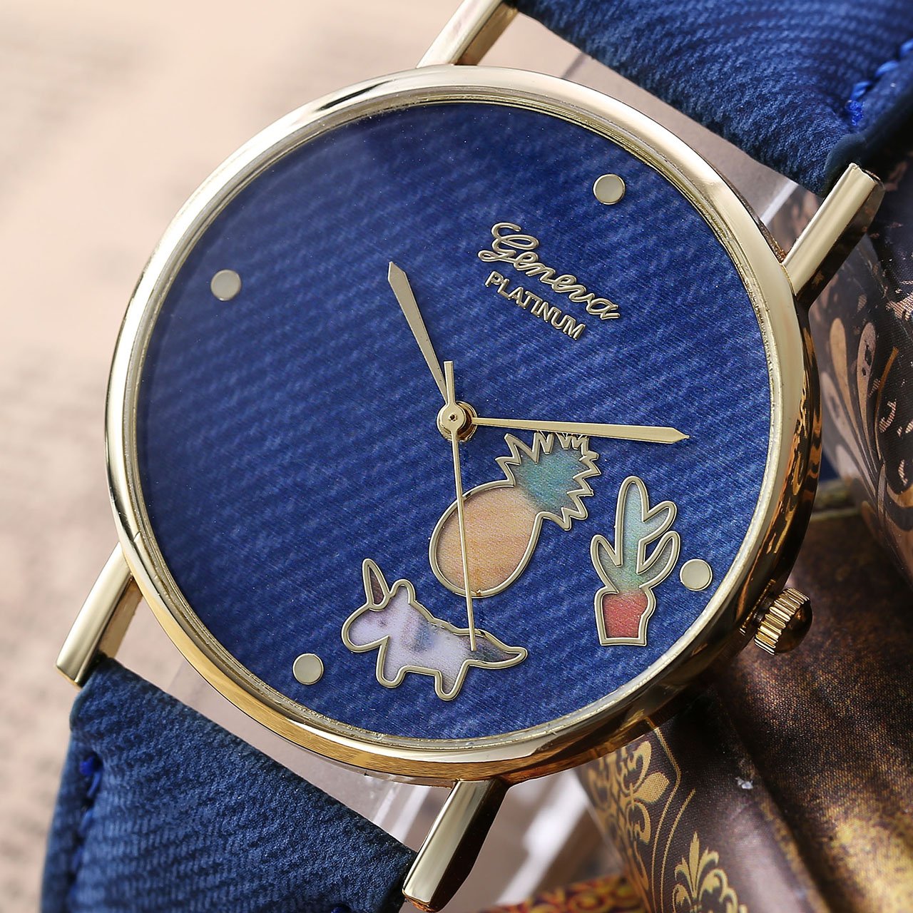 JSDDE Uhren,Fashion Cute Cartoon Einhorn Ananas Kaktus Armbanduhr Denim PU Lederband Damenuhr Kleid Quarz Uhr,Dunkelblau