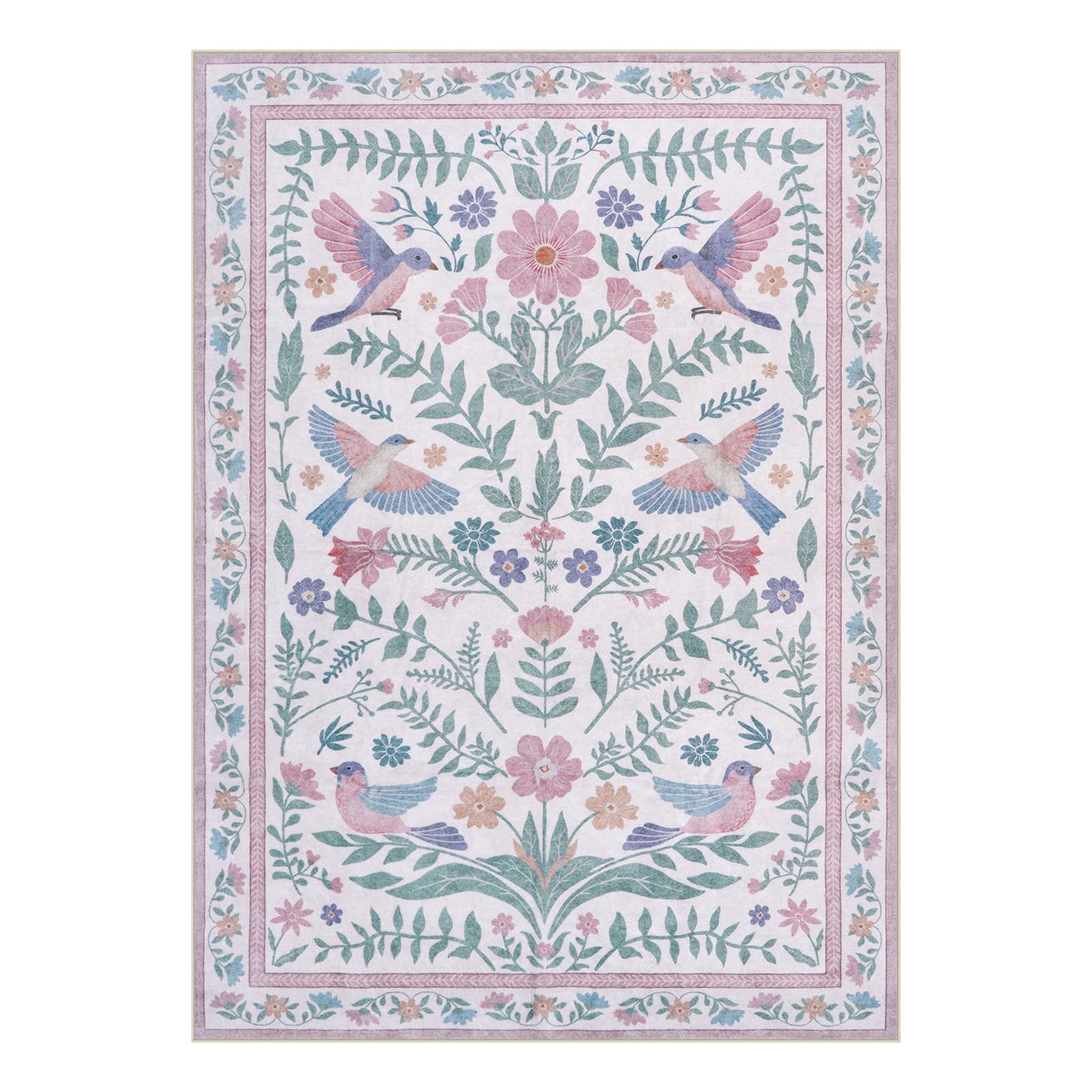 Photo 1 of LIVEBOX Floral Area Rug 5 x 7 Washable Boho Floral Birds Carpet, Non Slip Rug for Living Room, Bedroom, Nursery Room, Soft Cute Animal Rugs for Kids Girls Baby - Pink