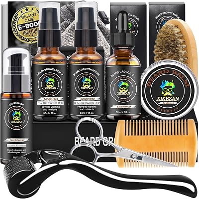 XIKEZAN Beard Growth Kit with Roller Oil Balm Comb Scissors Bag EBook Gift