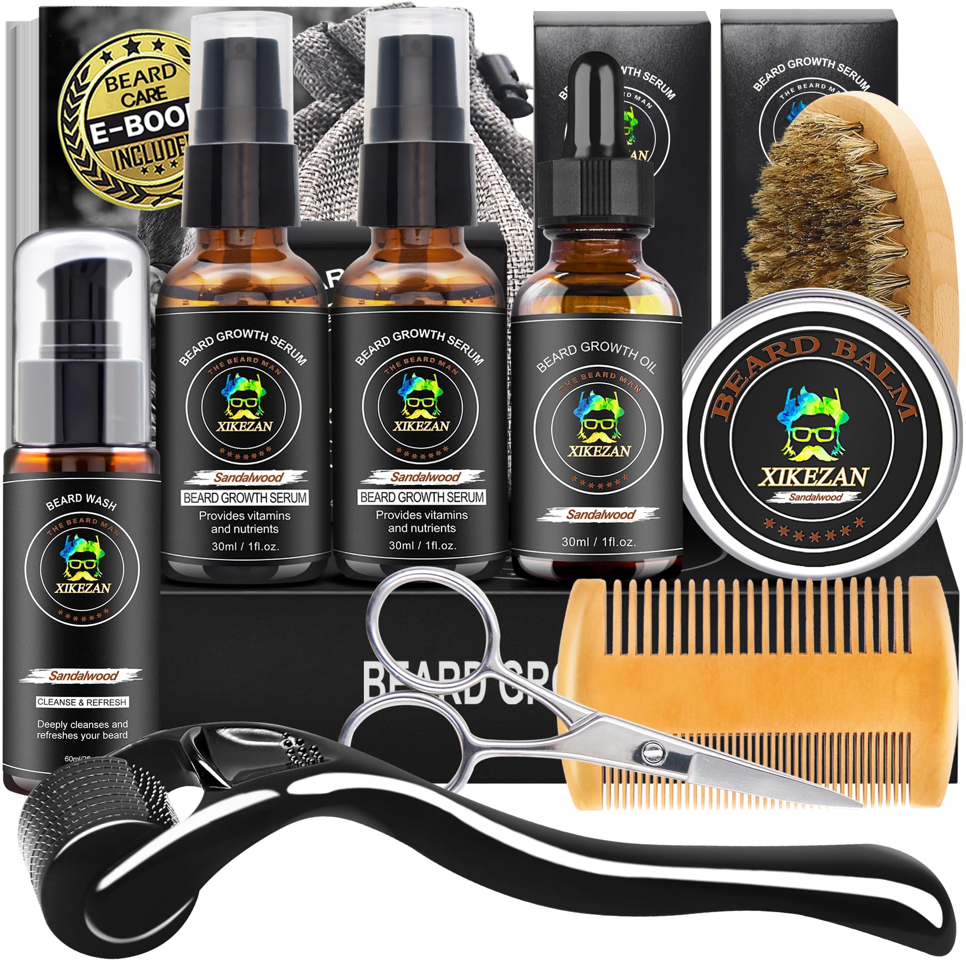 Beard Growth Kit w/Beard Wash,2 Pack Beard Growth Serum,Beard Growth Oil,Beard Balm,Comb,Brush,Scissor,Bag,E-Book,Beard Care Grooming Kit Christmas Stocking Fillers Gifts for Men Him Dad Husband