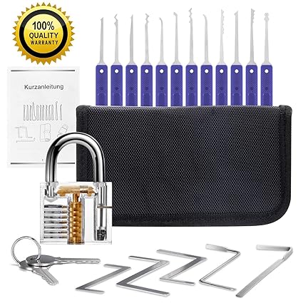 Lockpicking Set 17-Teiliges Dietrich Set mit Transparentem Vorhängeschloss und Anleitung für Schlosserei Anfänger und Profi