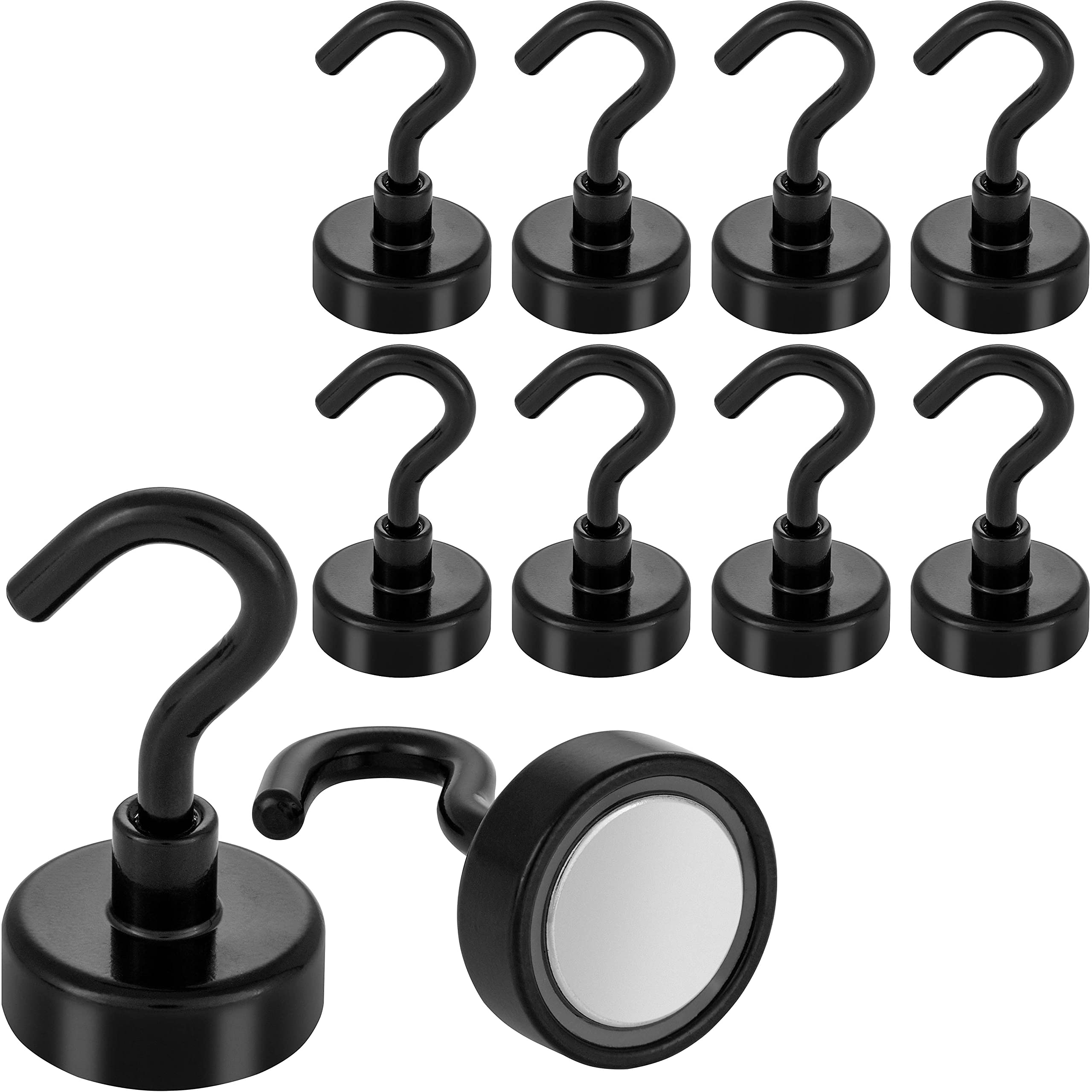 POPPSTAR 10 Pieces Magnet Hook Black Small (Clamping Force 12 kg (26 lbs), Length 4 cm, Diameter 2 cm) Mini Neodymium Hook Magnets