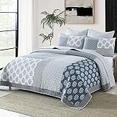 PANGUSHAN Quilt Set King Size, 100% Cotton Bedspread Quilt Bedding Set, Patchwork Reversible Floral Quilt for King Bed, Blue/Grey/White Bed Spread, Lightweight Comforter for All Season, 3 Pieces