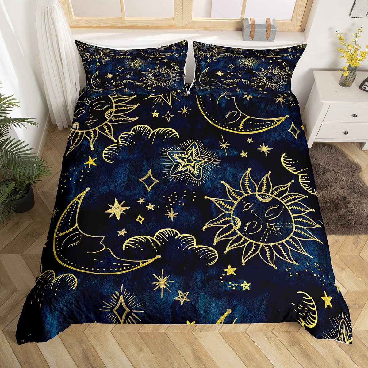 richhome Moon Star Sun Duvet Cover Set Single for Kids Adult Bedroom Navy Blue Golden Soft Comforter Quilt Cover Cartoon Universe Bedspread Cover Bedroom Collection 2Pcs Bedclothes