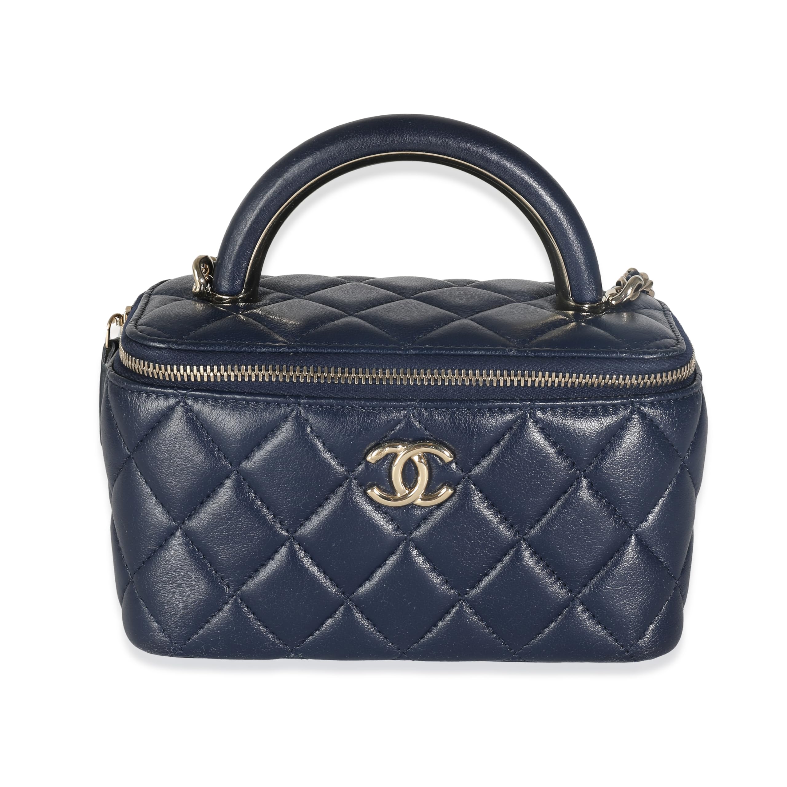 CHANEL Pre-Loved Navy Quilted Lambskin Top Handle Vanity Case With Chain