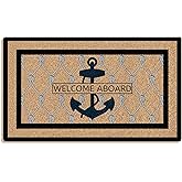 Mingnei Nautical Anchor Coco Coir Doormat Door Mat for Home House Entrance, Welcome Aboard Navy Blue Anchor Nautical Lake Floor Mats for Outdoor Outside Entryway 30x17 Welcome Mat