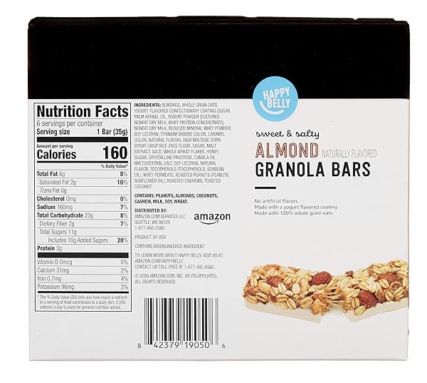 AMAZON BRAND – HAPPY BELLY SWEET & SALTY, ALMOND GRANOLA BARS, 1.2 OZ, 6 COUNT