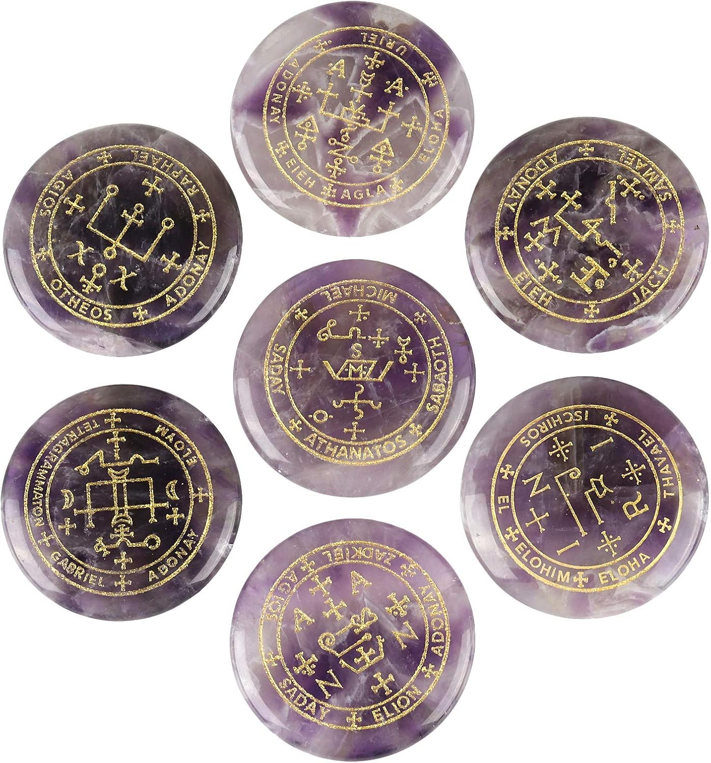 Indoor Fountains & Accessories - SUNYIK Round Engraved Archangels Gabriel Sigil Talisman Stone Set of 7, Pocket Worry Palm Stones for Healing Reiki Decoration Wicca Amulet, Amethyst