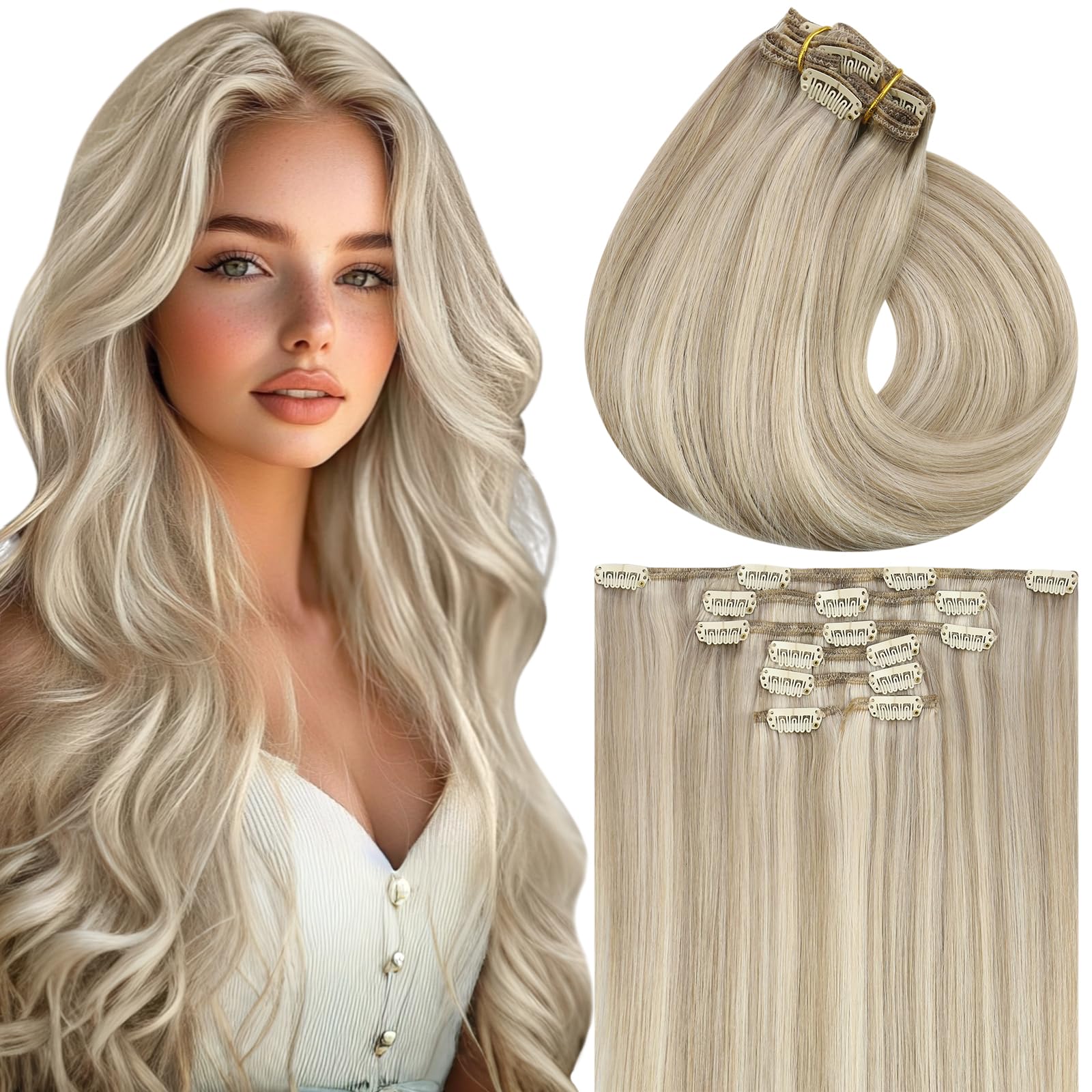 22 Inch Highlight Clip in Hair Extensions Human Hair Blonde Invisible Extensions Clip in Medium with Light Blonde Straight 7pcs 120g #16/22