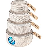 KooK Serving Bowls, with Lids, Ceramic Nesting Bowls, Set of 4, Embossed, Kitchen, Prep, Stackable, Gift, Microwave and Dishwasher Safe, 16/29/47/70 oz, Narbonne Collection (Ivory)