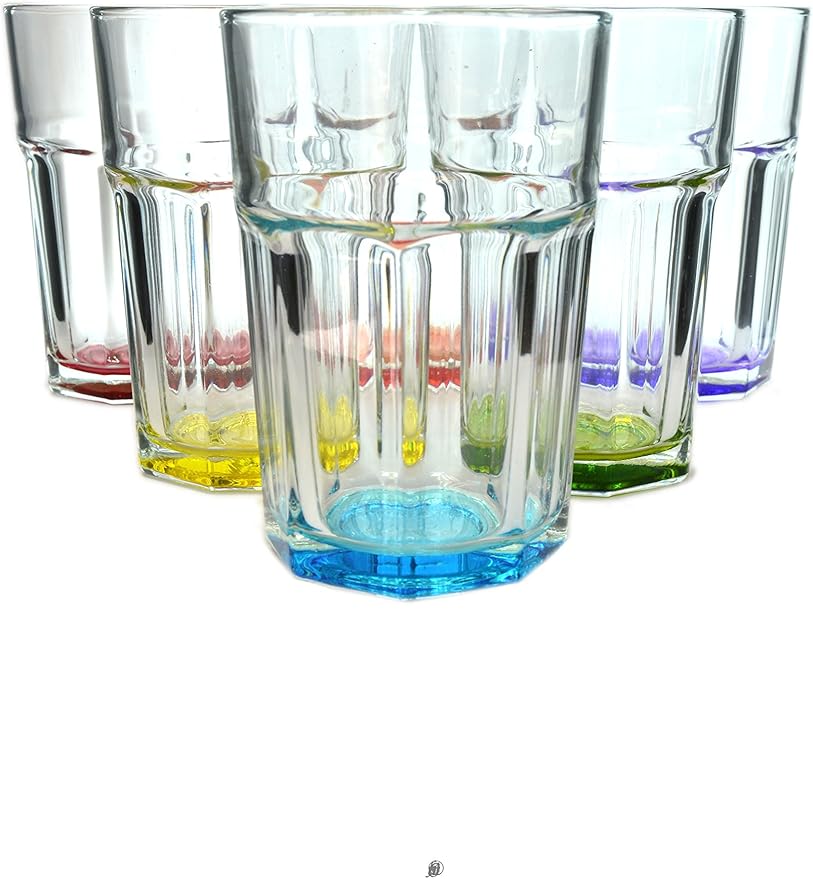 Set 6 Large Assorted Color 12oz European Glass Water/Juice Drinking