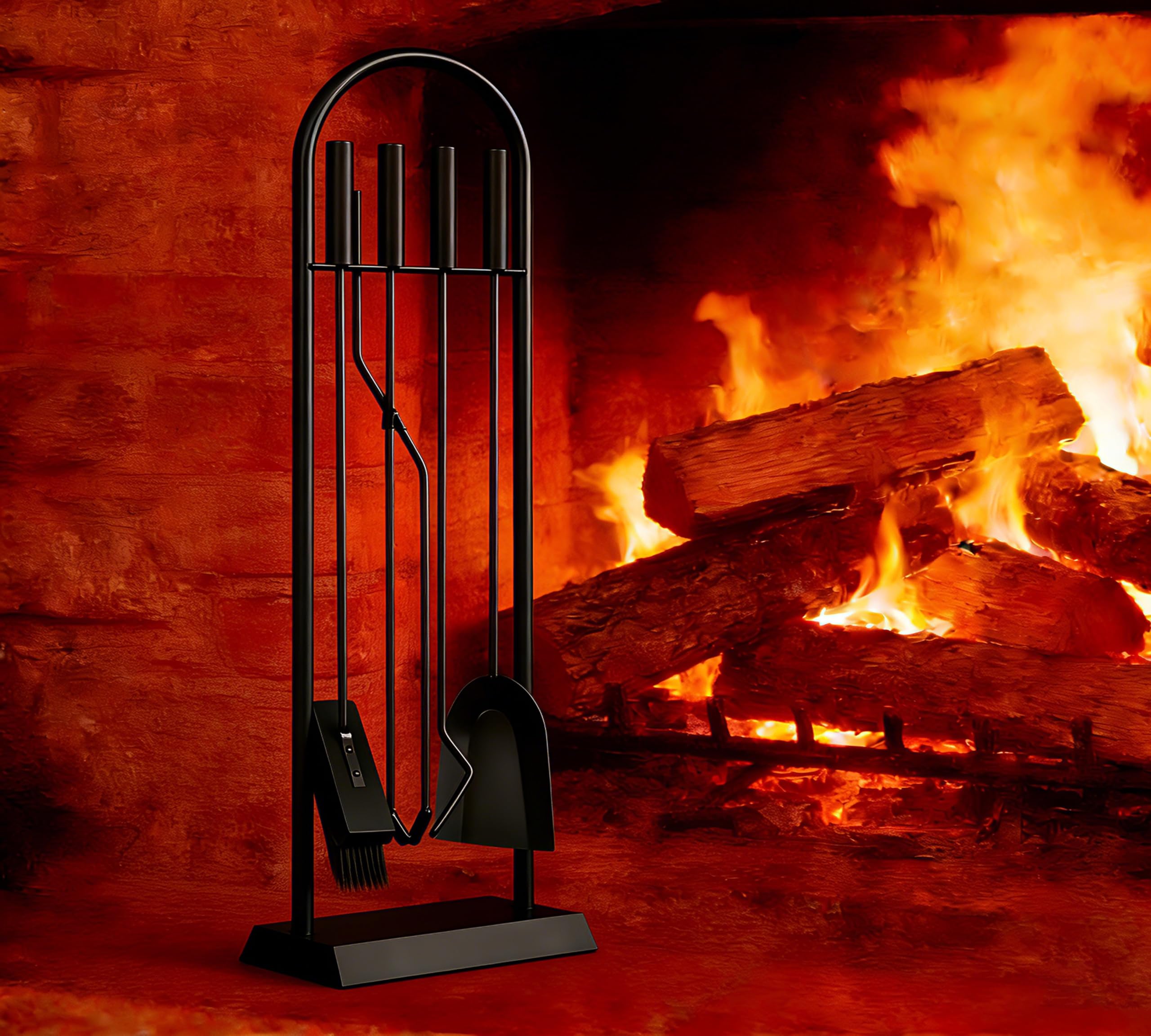 Kingson Classic Black 5-Piece Fireplace Companion Set 23x14x68cm Log Burner Accessories Elegant Fireside Tool Kit