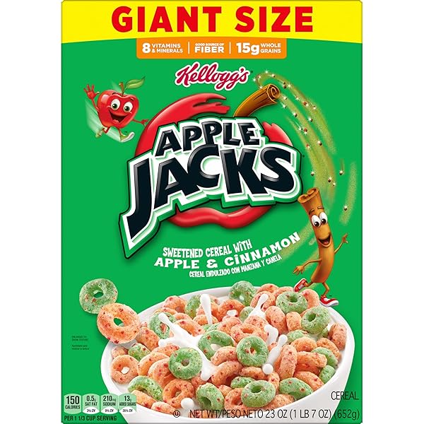 KELLOGG’S APPLE JACKS BREAKFAST CEREAL, KIDS SNACKS, FAMILY BREAKFAST, GIANT SIZE, ORIGINAL, 23OZ BOX (1 BOX)