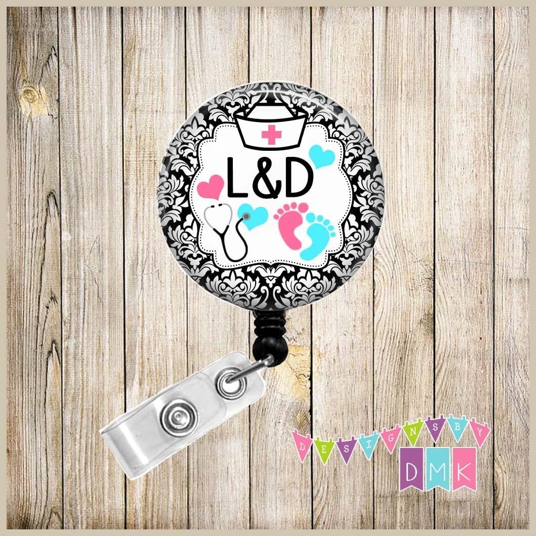 Nurse Hat - Stethoscope - L&D - Baby Feet - Black Damask - Button Badge Reel