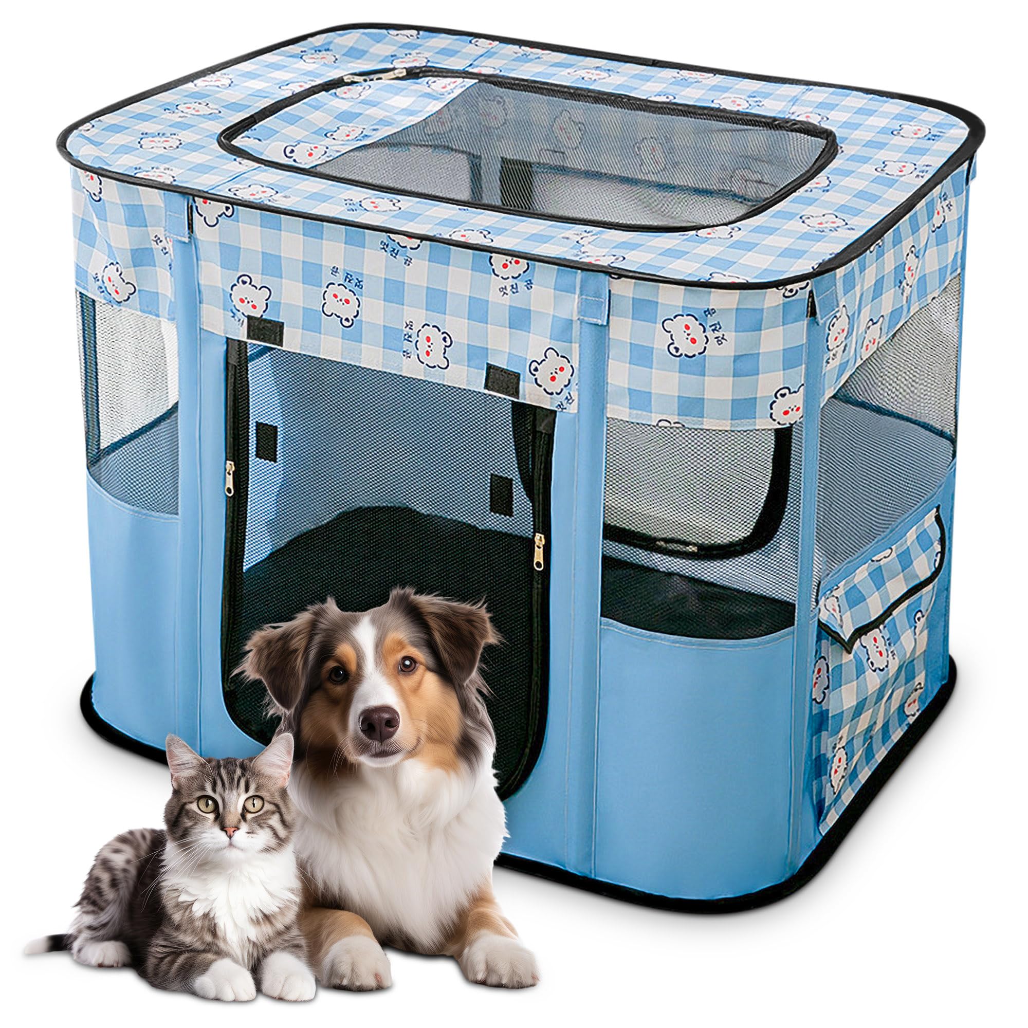 ALLSOPETS Cat Playpen for Dog, Foldable Pet Play Pen for Indoor Outdoor Use, Portable Dog Cat Crate Tent for Puppies Kittens, Pop-Up Pet Cage for Travel Camping (Blue Bears, L)