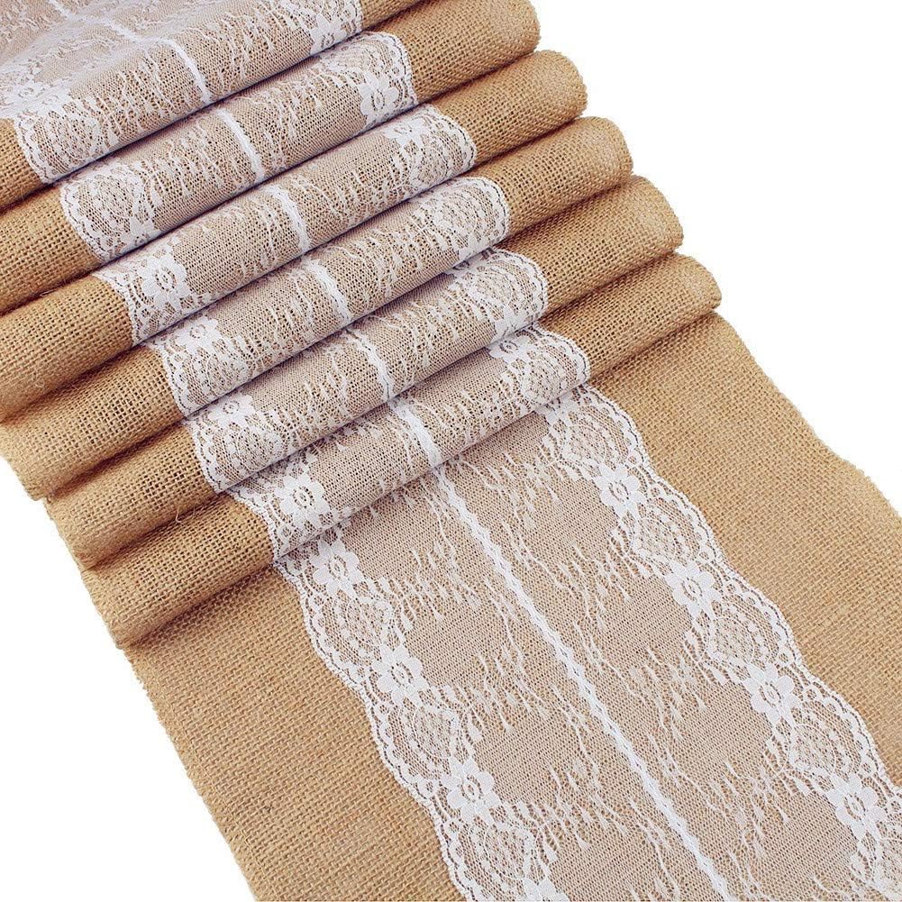 E EVERKING Burlap Lace Hessian Table Runner, Rustic Natural Jute Country Table Decoration Wedding Party Decoration Baby Shower Farmhouse Decor 12X108 Inch (1 Pack)