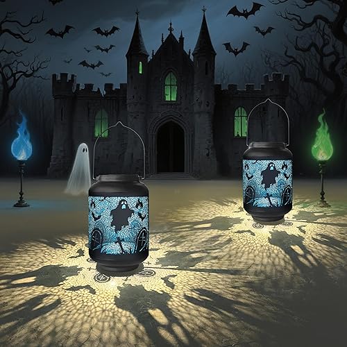 Halloween Decorations Ghost Solar Lanterns - 2 Packs Solar Light Outdoor with Handle, Outside Hanging Halloween Lanterns for Garden, Cool Gifts for Women, Friends and Sister